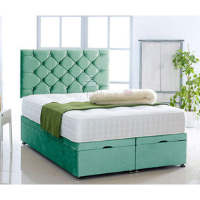 Duck Egg Plush Foot Lift Ottoman Bed With Memory Spring Mattress And   Studded  Headboard 3FT Single