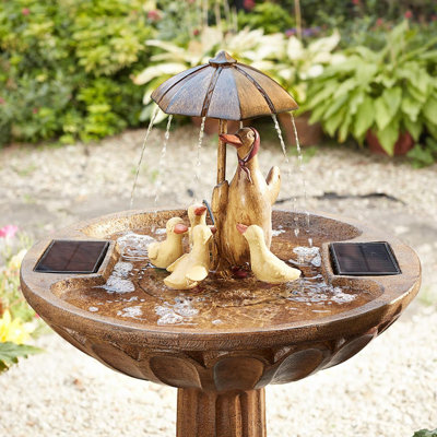 Duck Family Solar Powered Fountain - Weather Resistant Bird Bath Style Bronze Effect Garden Water Feature - H84 x 48cm Diameter