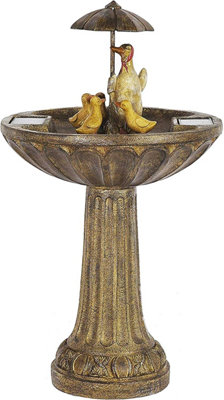 Duck Family Water Fountain with Umbrella - Solar Powered Freestanding Stone Bird Bath Water Feature