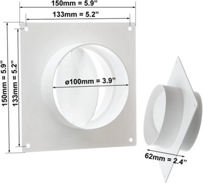 Duct Connector with Flange and Backdraft Damper 100mm / 4 Inch Wall Plate