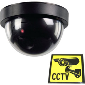 Dummy CCTV Security Dome Camera With Built-In Flashing LED & Warning Stickers