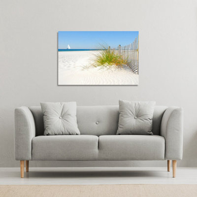 dune fence by sea grass with sailboat on horizon (Canvas Print) / 101 x 77 x 4cm