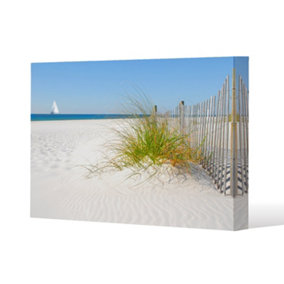 dune fence by sea grass with sailboat on horizon (Canvas Print) / 127 x 101 x 4cm