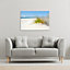 dune fence by sea grass with sailboat on horizon (Canvas Print) / 31 x 41 x 4cm