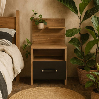 Dunedin Bedside Table, Tall 1 Drawer 2 Shelves, Oak-Effect & Matt Black