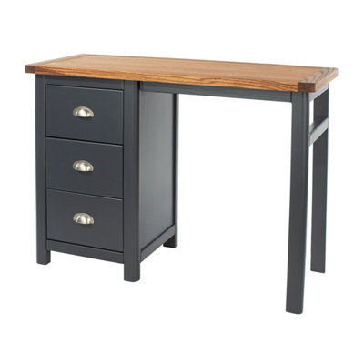 Dunkeld single pedestal dressing table, midnight blue with antique oak veneer top