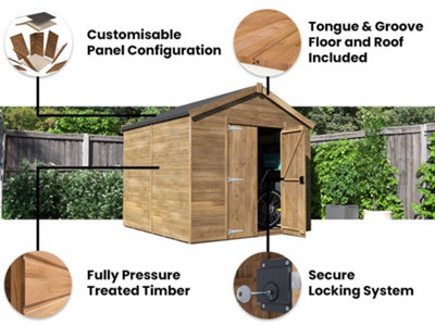 Dunster House Bike Shed Storage Garden Building 2.4 x 2.4m (8' x 8') 15mm Walls Wooden Pressure Treated, Apex Overlord Modular