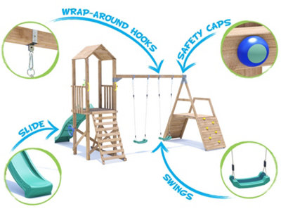 Dunster House Wooden Climbing Frame with Two Swings, Climbing Wall ...