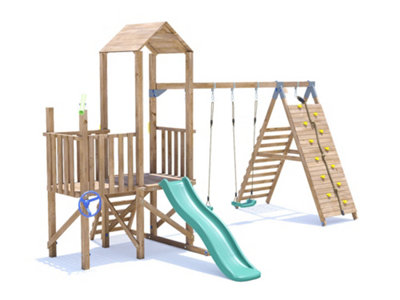 Dunster House Wooden Climbing Frame with Two Swings, Tall Climbing Wall ...