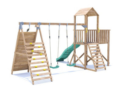 Dunster House Wooden Climbing Frame with Two Swings, Tall Climbing Wall ...
