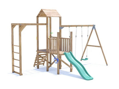 Dunter House Climbing Frame with Swings, Slide, & Bars BalconyFort Low ...