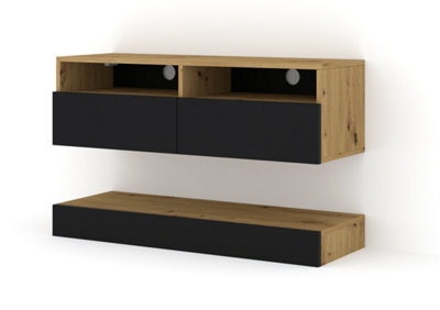 Duo Wall Hung TV Cabinet and Shelf Set in Oak Artisan and Black 1000mm