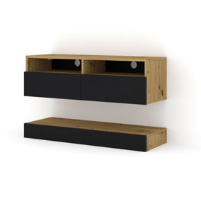 Duo Wall Hung TV Cabinet and Shelf Set in Oak Artisan and Black 1000mm