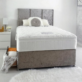 Dura Bed Celebration Deluxe 1800 Pocket Sprung Cushioned Divan Bed Set 5FT King Large End Drawer- Plush Velvet Light Silver