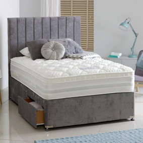Dura Bed Oxford 1000 Pocket Sprung Memory Foam Divan Bed Set 4FT Small Double Large End Drawer- Plush Velvet Light Silver