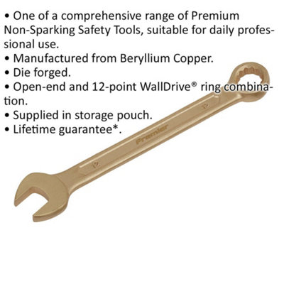Durable 12mm Non-Sparking Combination Spanner with Open-End and 12-Point WallDrive Ring