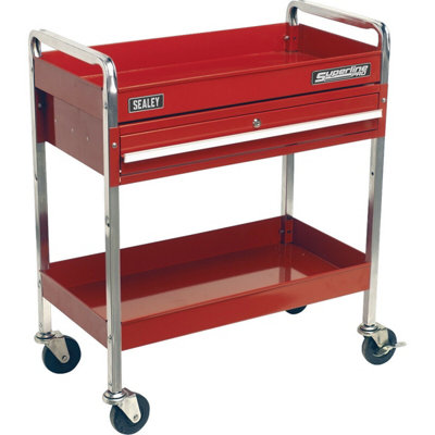 Durable 2-Tier Workshop Trolley with Lockable Drawer - 80kg Capacity in Red