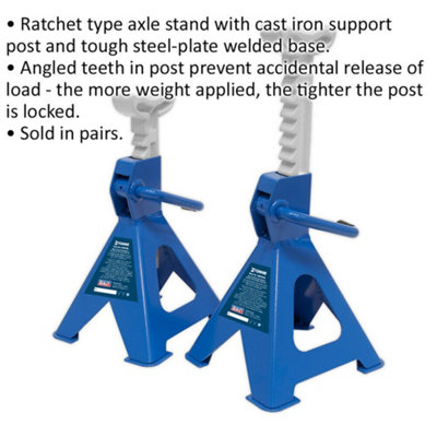 Durable 2 Tonne Ratchet Axle Stands - Adjustable 276mm to 410mm Height - Blue