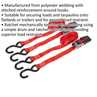 Durable 25mm x 4m 800KG Slide Ratchet Tie Down Strap Set with S-Hooks
