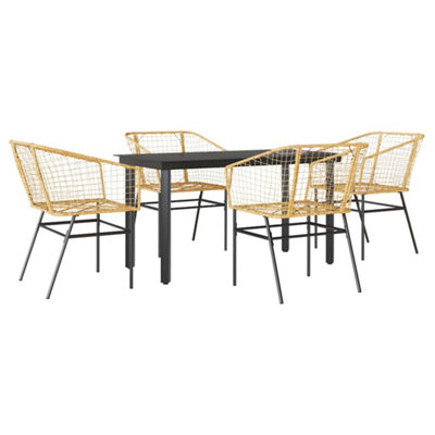 Durable 5 Piece Garden Dining Set Brown Poly Rattan Glass