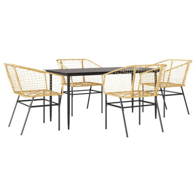 Durable 5 Piece Garden Dining Set Brown Poly Rattan Glass