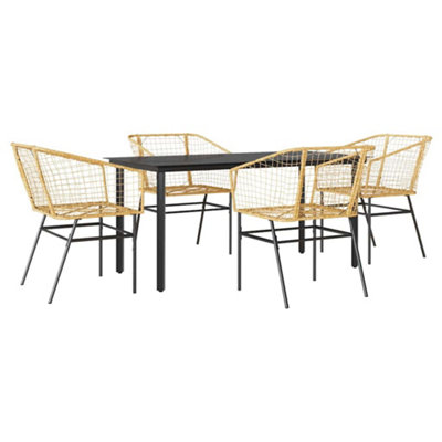 Durable 5 Piece Garden Dining Set Brown Poly Rattan Glass