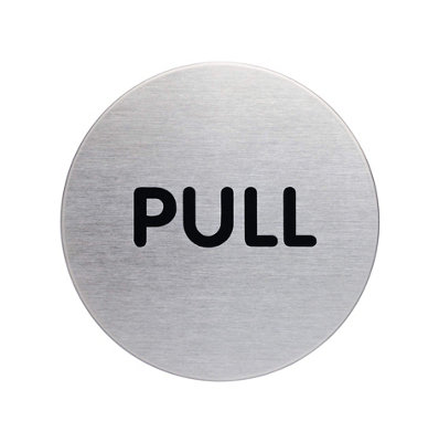 Durable Adhesive Fire Door PULL Sign Symbol - Brushed Stainless Steel - 65mm