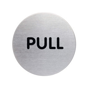 Durable Adhesive Fire Door PULL Sign Symbol - Brushed Stainless Steel - 65mm