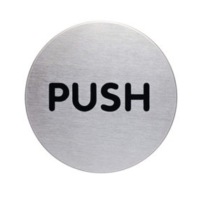 Durable Adhesive Fire Door PUSH Sign Symbol - Brushed Stainless Steel - 65mm