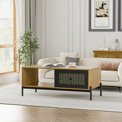 Durable and Chic Rattan Coffee Table with Storage Drawers for Living Room