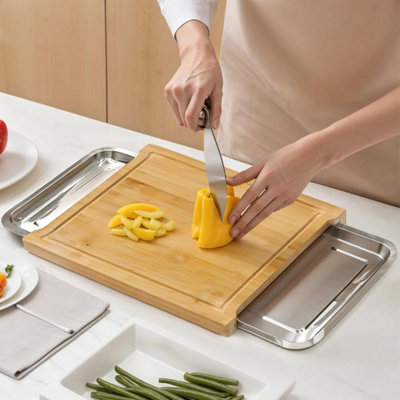 Durable Bamboo Chopping Board with Sliding Stainless Steel Trays, Eco ...