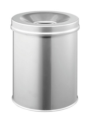 Durable Fire Extinguishing Metal Waste Bin - TUV Certified - 15L - Silver