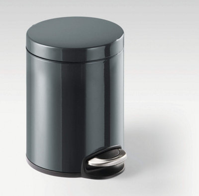 Durable Gloss Finish Round Metal Pedal Bin - 5 Litre - Charcoal Grey