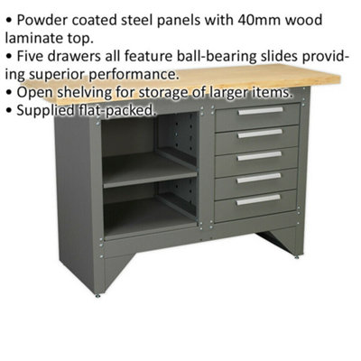 Durable Heavy Duty Steel Workbench with Shelf and 5 Drawer Storage Solution
