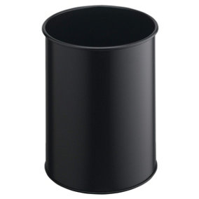 Durable Metal Round Waste Bin - Scratch Resistant Steel - 15L - Black