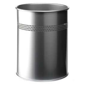 Durable Metal Waste Bin 15 Litre with Perforated Ring in Silver