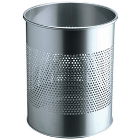 Durable Metal Waste Bin 15 Litre with Perforated Ring in Silver