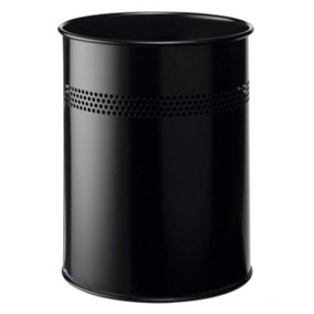 Durable Round Metal Perforated Waste Bin - Scratch Resistant Steel - 15L Black