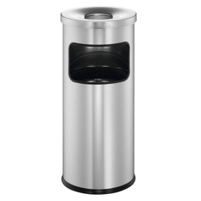 Durable Round Metal Waste Bin with Fire Extinguishing Ashtray - 17L - Silver