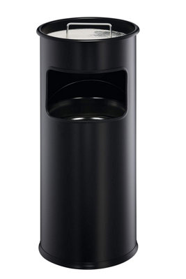 Durable Round Metal Waste Bin with Integrated Sand Ashtray - 17L - Black