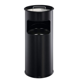 Durable Round Metal Waste Bin with Integrated Sand Ashtray - 17L - Black