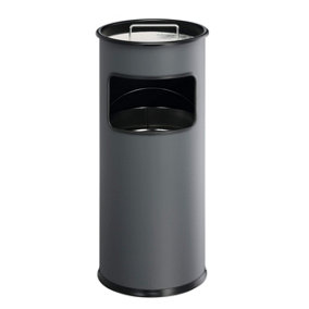 Durable Round Metal Waste Bin with Integrated Sand Ashtray - 17L - Charcoal