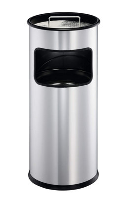 Durable Round Metal Waste Bin with Integrated Sand Ashtray - 17L - Silver