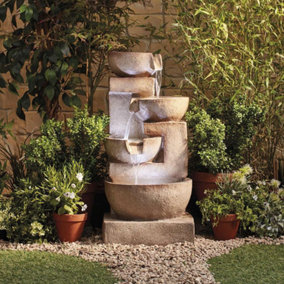 Durable Stone Effect Tiered 4 Tier Cascade Laguna Water Feature with LED Lights for Indoor & Outdoor Use