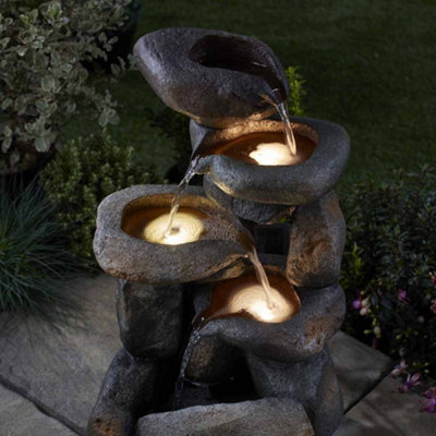 Durable Stone Effect Tiered Cascade Laguna Water Feature with LED Lights for Indoor & Outdoor Use (4 Tier Brick)