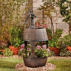 Durable Traditional Pump Barrel Water Feature with Flower Planter for Indoor & Outdoor Use H88cm