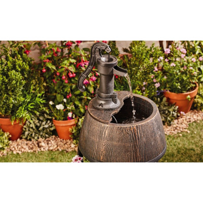 Durable Traditional Pump Barrel Water Feature with Flower Planter for Indoor & Outdoor Use H88cm