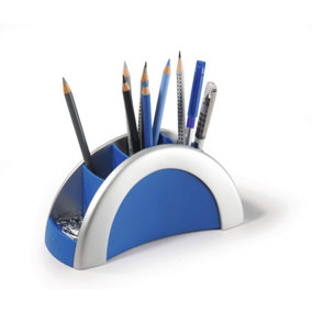 Durable VEGAS Pen Pot Pencil Holder Desk Tidy Organizer Cup - Blue & Silver