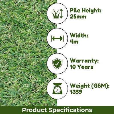 Durban 25mm Outdoor Artificial Grass,Pet-Friendly Outdoor Artificial Grass, Realistic Fake Grass-11m(36'1") X 4m(13'1")-44m²