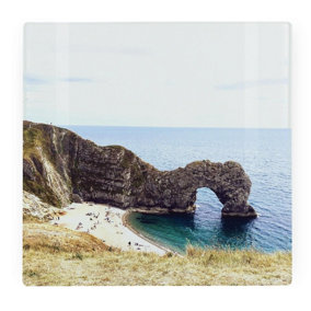 Durdle Door Large Square Glass Worktop Protector - Dorset Coast Gift - Smooth Kitchen Chopping Board with Non-Slip Feet